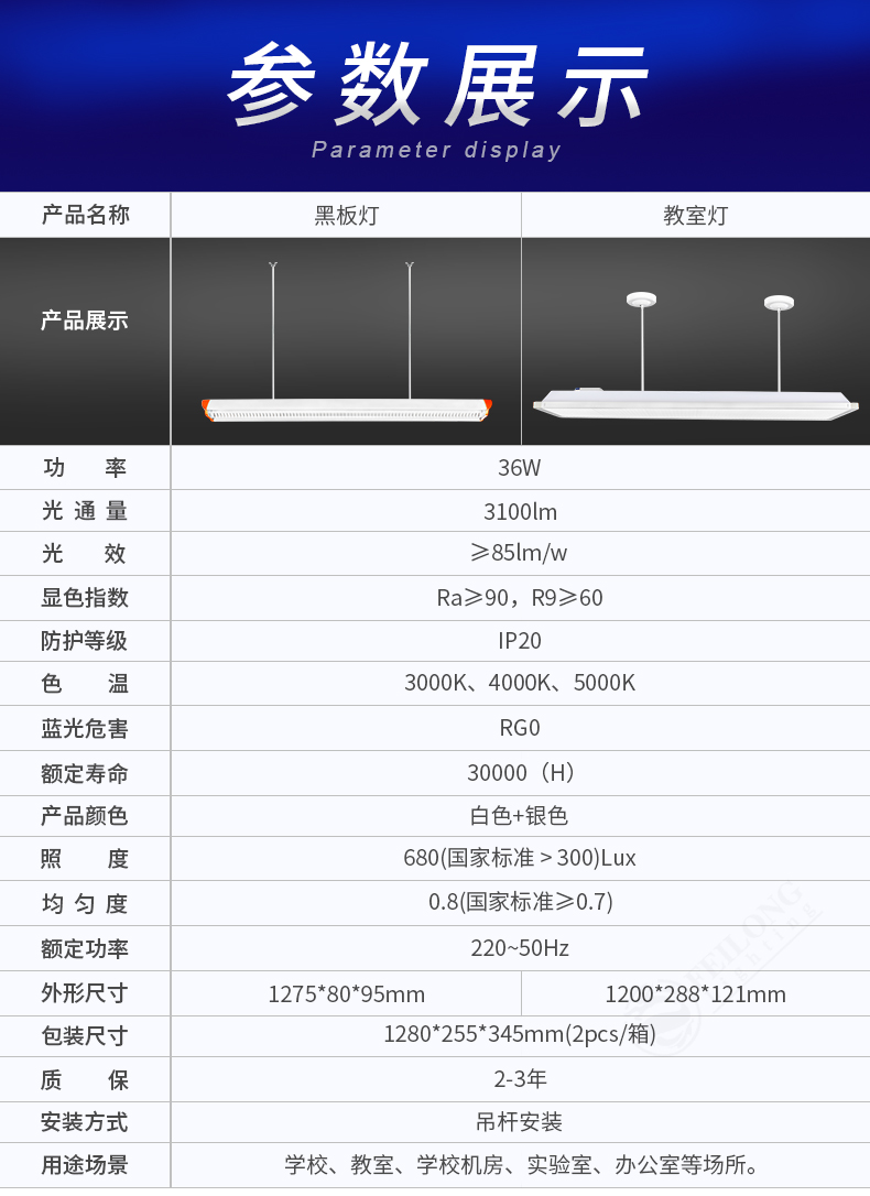 LED黑板灯格栅学生护眼教室灯全套网格防眩光学校培训班机构/图书馆/办公室吊灯